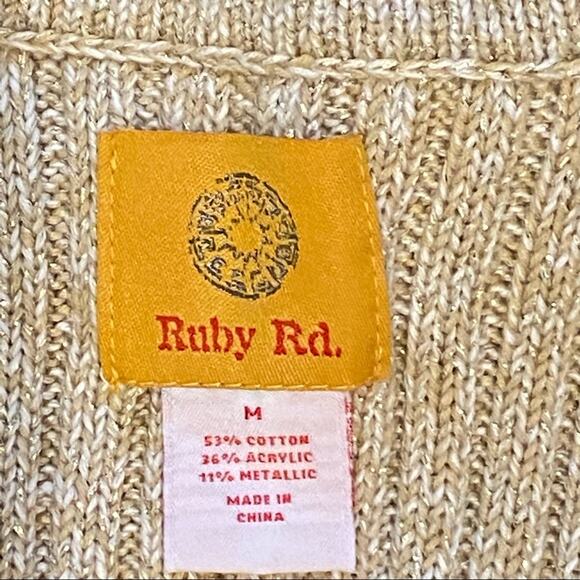 RUBY RD. M Gold-Dusted Ruffle Edged Cotton Blend Cardigan Sweater w/ Pockets - Picture 6 of 8